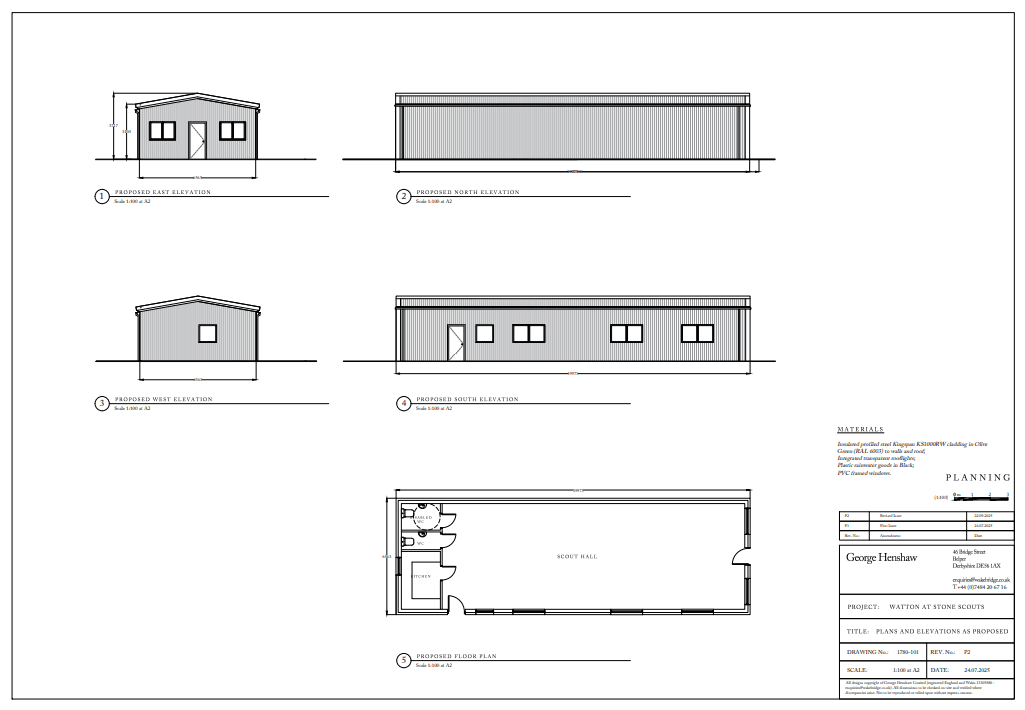 Architectural drawings and elevations for the new Scout hut